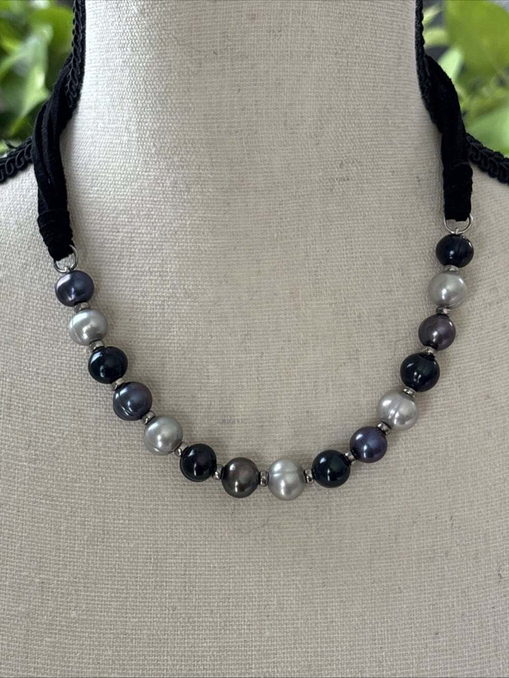 HONORA Sterling Black Gray 11mm Ring Pearls Black Suede Cord Silver Beads 18"